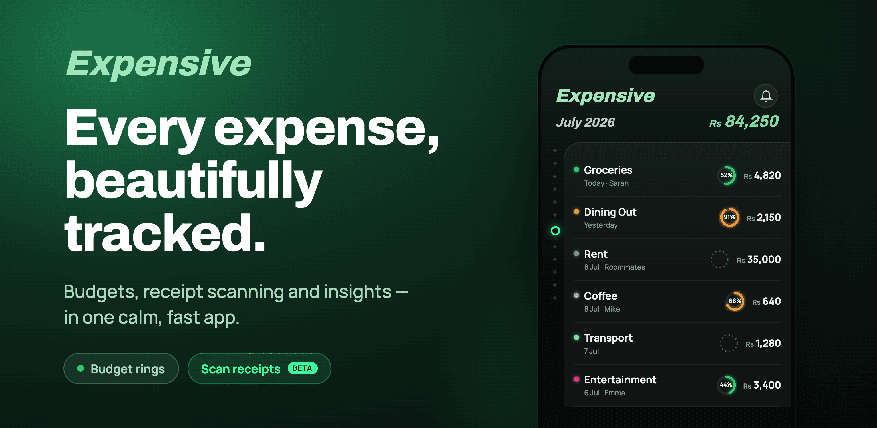 Expensive — every expense, beautifully tracked. Budgets, receipt scanning and insights in one calm, fast app.